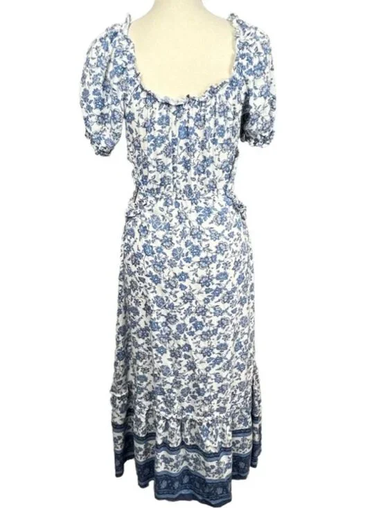 Anthropologie By The River Midi Dress Blue Floral Cutout Ruffle Tiered Cottage L - Picture 3 of 16